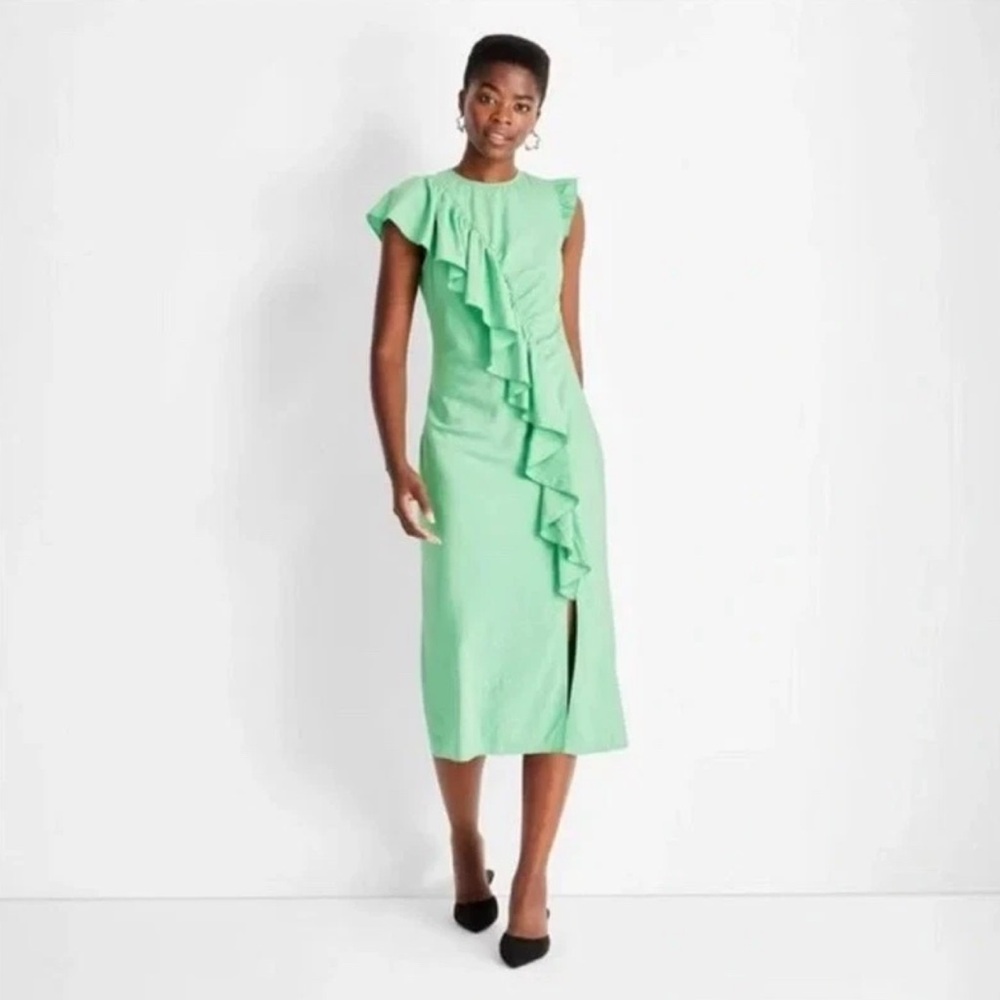 D169 NWT Future Collective Flutter Asymmetric Ruffle Midi Dress - Size: Small